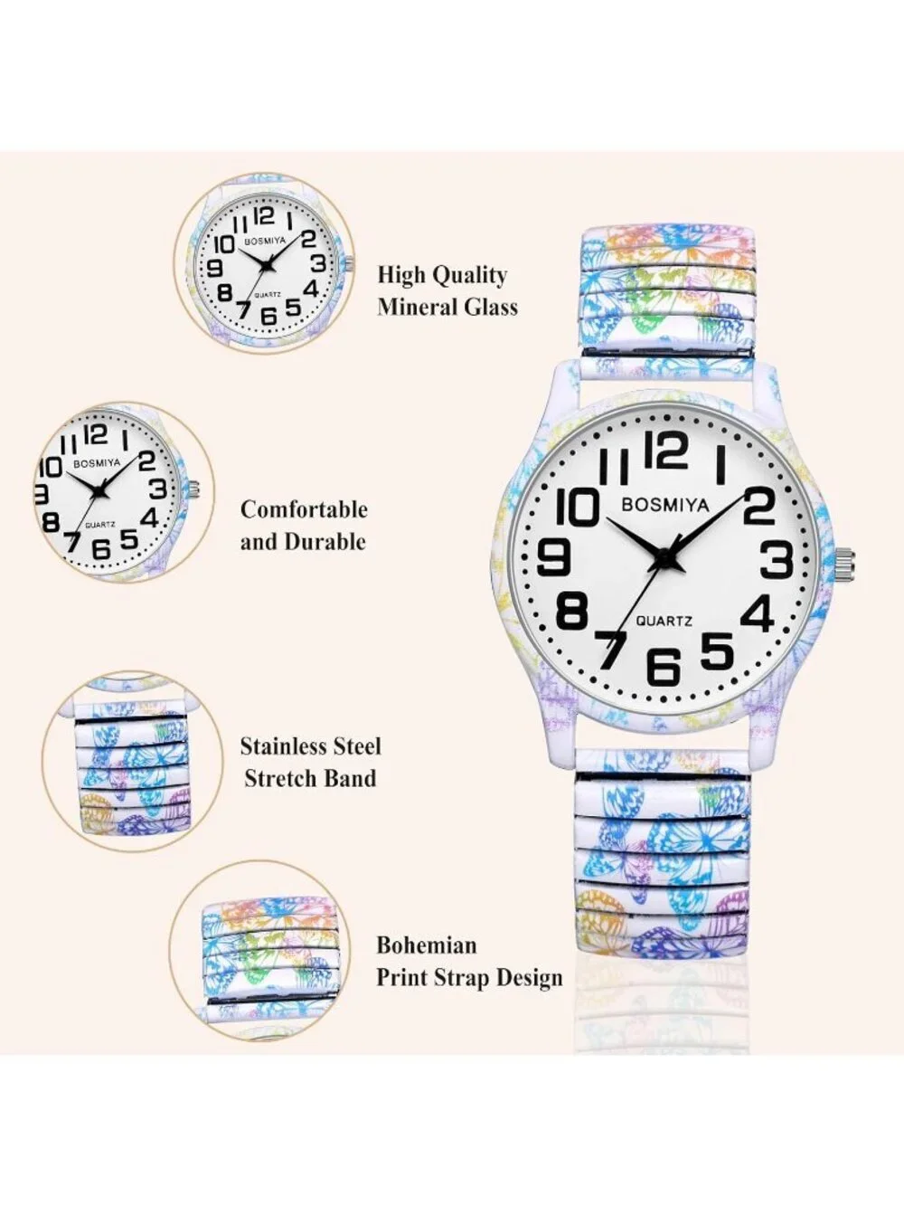 Women's Multi Color Butterfly Analog Elastic Stretch Band Bohemia Bracelet Watch